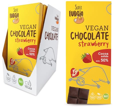 SUPER FUDGiO BIO Chocolat végétalien à la fraise | Organique et sans gluten | sur lait de coco | 10 x 80g