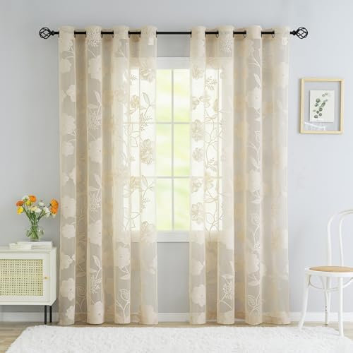 Treatmentex Spitze Vorhang Jacquard Gardinen mit Ösen Schwarze 3D Blumenmuster Halbtransparente Vorhänge Vintage Romantisch Dekoschal Ösenvorhänge für Wohnzimmer, Beige, 2 Stücke, 140×245CM(B×H)