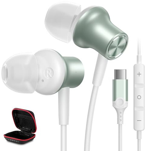 USB C Plug in Headphones for Apple iPhone 16 Pro Max 15 16e iPad Wired Earbuds Small Ear Buds Type C Corded Earphones with Microphone for Google Pixel 9 8 7 Samsung Galaxy S25 S24 S23 Android Green