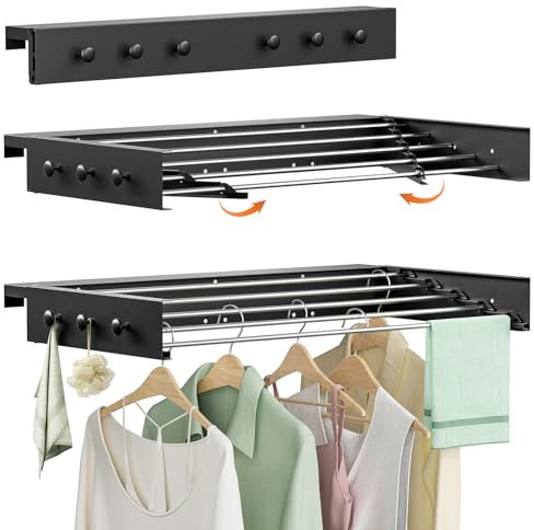 GJCrafts Wall Mounted Clothes Airer, Retractable Clothes Drying Rack With 6 Side Hooks, 5 Aluminum Rods, Easy Installation, Space Saving Clothes Dryer For Towels, Clothes (Black, 80CM)