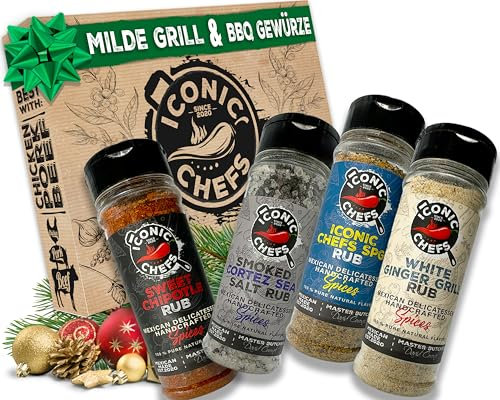 ICONIC CHEFS® Mexikanisches Mildes BBQ Rub Gewürze Set – Chipotle, Rauchsalz, Knoblauch & SPG –BBQ Grill Gewürze Geschenkset – Grillgewürze Geschenkset – Grill Geschenke für Männer – Grill Gewürze