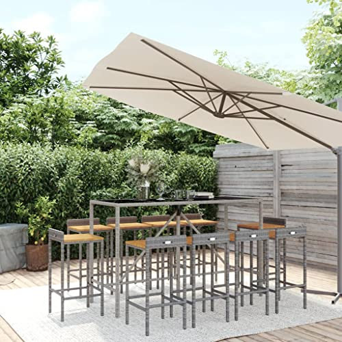 AUUIJKJF Home Items, 11-teiliges Gartenbar-Set, graues Polyrattan und Akazienholz, Anzugmöbel