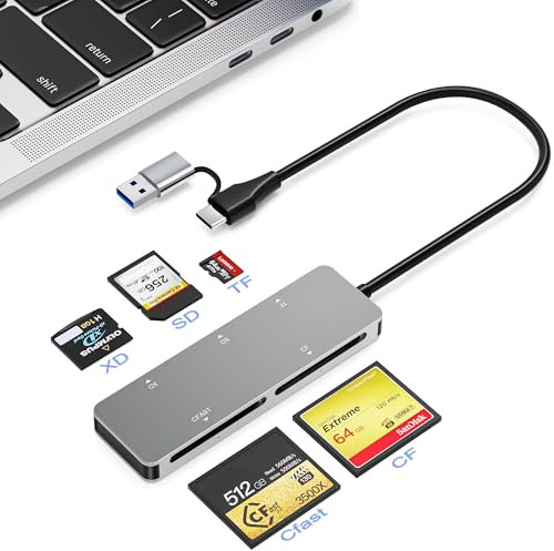 CFast Kartenleser, CFast 2.0 Kartenleser mit USB 3.0 und USB C Anschluss, 5Gbps Aluminium CFast Speicherkartenadapter für SanDisk, Lexar, Transcend, Sony Card, liest CFast/TF/SD/XD/CF 5 Karten