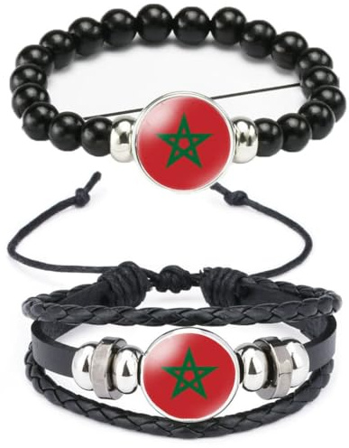 Ykonuyis National Flag Metal Black Beaded Elastic Rope Bracelet and Alloy Leather Braided Rope Bracelet Bangl for Men Women Support your country