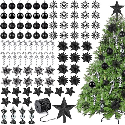 Blulù 101 Pezzi Set di Decorazioni per Albero di Natale Nero palla di Natale Palline di Caramelle Puntale per Albero di Natale fiocchi di Neve Stelle di Schiuma Fiori di Natale Ghirlande di Perle