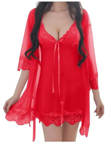 SRZYMJ Babydoll Kleid Damen Weiß Dessous Damen Sexy Unterwäsche Set Xs Negligee Für Sex Lack Latex Lingerie for Women Nachtwäsche Set 3 Teilig Nachtkleid Seide Sleepwear Dress Rot Unterwäscheen