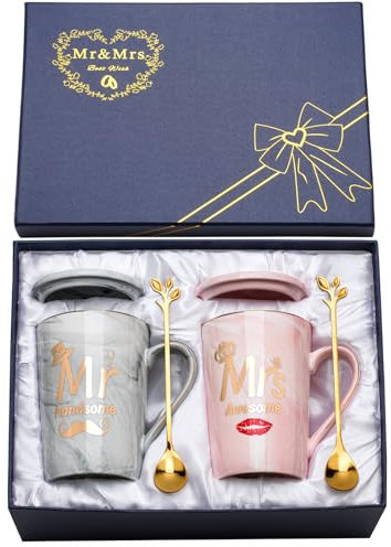 Wedding Gifts Mr and Mrs Mugs, Couple Gifts Engagement Gif-ts for Couples, Novelty Cups Set for Engagement Wedding Bridal Shower Bride and Groom to Be Newlyweds Anniversary, Marble Ceramic Mugs 14Oz