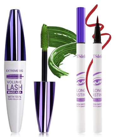 Mascara in fibra di seta verde 5D e rosso, eyeliner liquido, impermeabile e resistente alle sbavature, allungamento per ciglia volumizzanti, mascara per feste, trucco occhi colorati 6