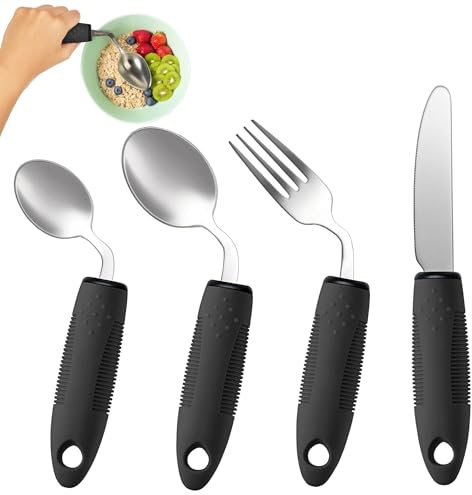 4-Piece Adaptive Utensils Set - 42° Angled Parkinsons Utensils, Weighted Utensils for Tremors and Parkinsons Patients, Easy Grip Weighted Silverware for Hand Tremors (Right-Handed)