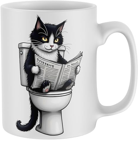 Purple Print House Funny Black and White Cat Toliet Mug Newspaper Homour Cup Christmas Birthday Stocking FIller Gifts Men Women