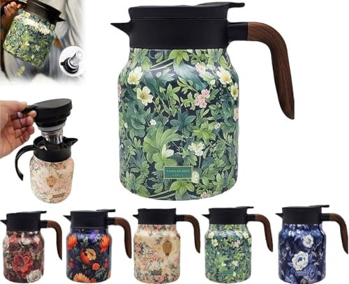 Raidley Vintage Floral Pattern Tea Thermos, Doresty Thermos Tea Pot, Vintage Floral Pattern Tea-Built-in Infuser, Mini-Hot Stainless Steel Thermal Carafe with Lid for Hot Drinks (Green,1000ml)
