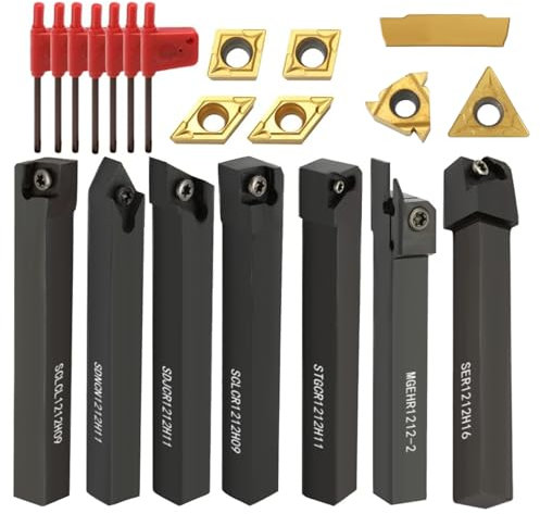 21 Stück Drehmeißel Set 12mm Bohrstange Schaftdrehmaschine mit 7 x Drehwerkzeughalter, 7 x Hartmetall-Wendeschneidplatten, 7 x Schraubenschlüssel für Trennschleifen Finishen der Werkstückoberfläche