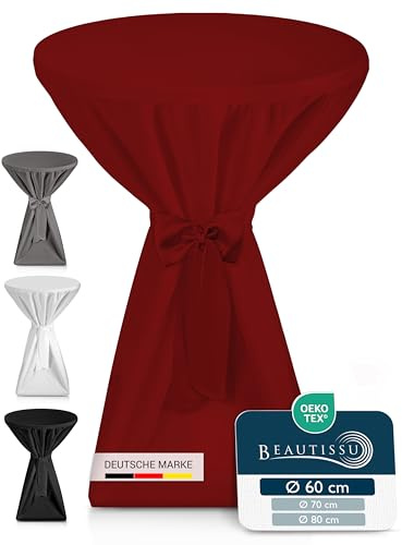 Beautissu Premium Stehtischhusse Blickdicht mit Schleifenband für Stehtisch | Ø60-65cm Bordeaux rutschfest Bügelfrei 40°C Waschbar Stehtischüberzug für Bistrotisch Bartisch Gastronomie Husse Premium L