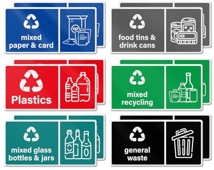YIKIADA Mixed Pack of 12 Multi Recycling Bin Stickers 200×100 mm Vinyl | Removable, Waterproof, Self Adhesive, Decal for Home Office Window Outdoor Indoor