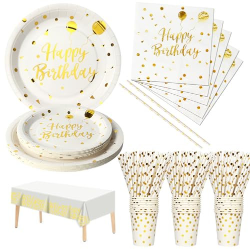 Nkaiso Party Tableware 121 Pcs White Gold Happy Birthday Theme Kids Birthday Decoration Party Accessories Set Includes Paper Plates Napkins Cups, for Party Supplies-24 Guests