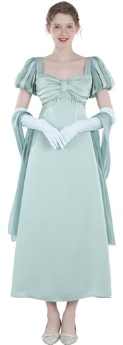 FCCAM Regency Robe de soirée vintage pour femme avec manches bouffantes et écharpe en satin – Élégante robe de bal historique pour costume de fête et séance photo