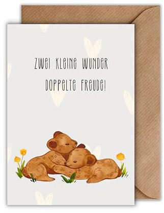 WBdesignz – Glückwunschkarte „Zwei kleine Wunder – doppelte Freude“ mit Umschlag – Süße Karte zur Geburt von Zwillingen mit Bärenmotiv (DIN A6)