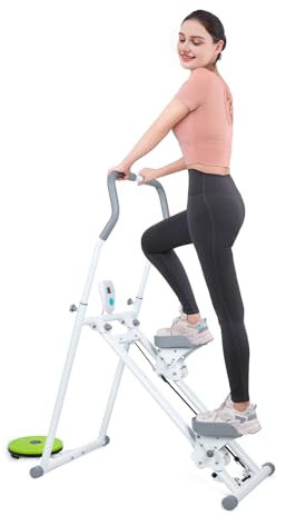 mufojyez Escalera escaladora vertical plegable con manubrio ajustable y pantalla LCD, escalador cardiovascular plegable con gimnasio, equipo de fitness en casa para adultos, color blanco