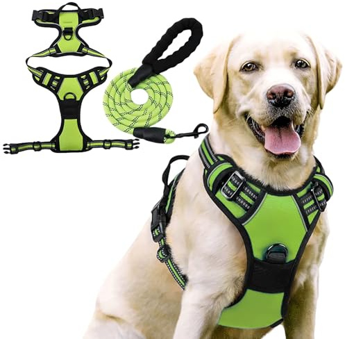 Anti Zieh Geschirr, No Pull Hundegeschirr Mit Reflektierenden Streifen, Verstellbar & Gepolstert, Atmungsaktiv, Komfortables Brustgeschirr, Reduziert Belastung an Arm & Schulter (Grün, XL)