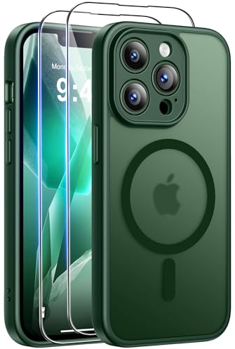 Qasyfanc für iPhone 13 Pro Max Hülle mit 2 Schutzfolie, Vollständiger Kameraschutz, Magnetisch Handyhülle Kompatibel mit MagSafe, Transluzente Matt Rückseite Kratzfest Stoßfest Schutzhülle Grün