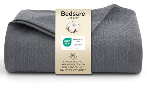 BEDSURE Tagesdecke 100% Baumwolldecke 150x200 - Hundedecke, Grau | Kuscheldecke mit Rautenmuster Haustierfreundlich, Scheuerfest, Nicht Fadenziehend Ideal für Sofa, Sommerdecke, Musselin Decke