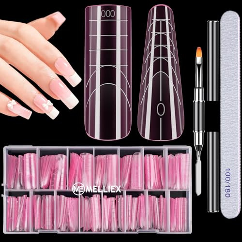 MELLIEX 150 Stücke Dual Nail Forms, Polygel Nägel Tips Starter Set mit Zwei Stilen, Rosa Acryl Nagelverlängerung Schablone für Maniküre Salon DIY (15 Größen)