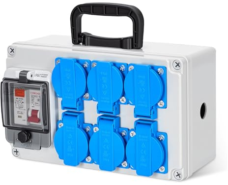 Baustromverteiler 16A IP67 Stromverteiler mit 6-Fach Schuko-Steckdose & FI-Schalter 30mA, 230V Stromverteilerkasten für Baustelle Outdoor Garten, Wasserdichter Wandverteiler mit Leitungsschutzschalter