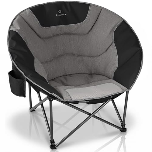 Oversized Camping Moon Chairs,Folding Round Padded Sofa Chair for Adults,Outdoor Lawn Chairs w/Side Pocket,Perfect for Indoor,Family Camping,Picnics and Garden,Black&Grey