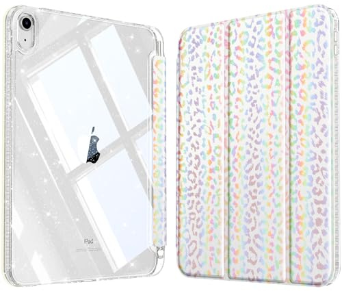 FINTIE Coque Pailletée pour iPad A16 11e Génération 11/iPad 10e Gén 10.9 | Étui Scintillant avec Porte-Stylet, Housse Transparente Brillante Antichoc, Léopard Blanc