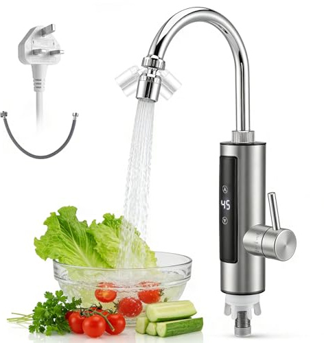 Instant Hot Water Tap with Digital Display - 3.4kW Electric Water Heater for Kitchen Sink, Adjustable 30-50°C, 360° Rotating Nozzle, Dual Spray Modes, for 220-240V UK Installation