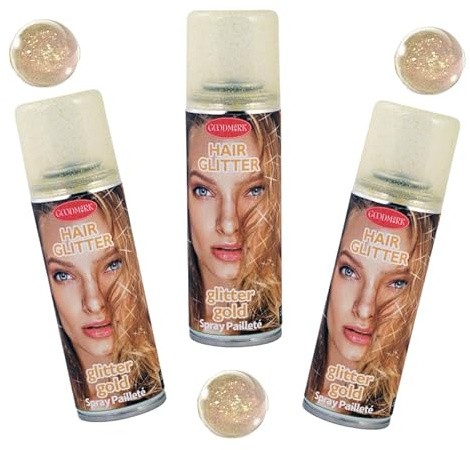 Nico Europe® Glitzer-Haarspray Gold, 3 Dosen à 125 ml | Temporär, auswaschbar, funkelnder Glitter-Effekt, Karneval, Fasching, Party, Cosplay