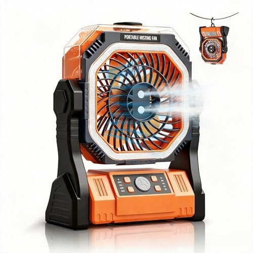 DIZOAOX Outdoor Misting Fan with with Light, 20000mAh Rechargeable Battery Powered Fan, 350mL Water Tank Cooling Mist Fan, 4 Wind Speeds, 4 Timer for Patio, Camping, Beach, Office, Indoor & Outdoor