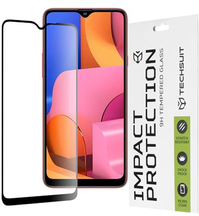 Techsuit Displayschutzfolie für Samsung Galaxy A20s Gehärtetes Glas mit 9H Härte, Vollständige Abdeckung, Stoßschutz, Oleophobe Beschichtung, Anti Fingerabdruck, Blasenfreie Installation, 111D Full Gl
