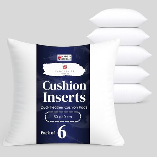 Lancashire Textiles Cushion Pads Generously Filled With Ethically Sourced Duck Feathers Encased In Pure Cambric Cotton Cover 6 Pack 18 x 18 (45cm) - 100% Downproof Cotton Cover - Made in UK