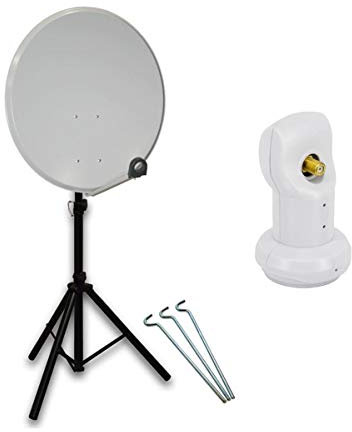 PremiumX Camping Satelliten-Komplettanlage 80cm Satellitenschüssel Hellgrau SAT Single LNB Dreibein-Stativ