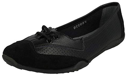 Down To Earth Ladies Flat Comfort Ballerinas - Black Leather - UK Size 7 - EU Size 40 - US Size 9