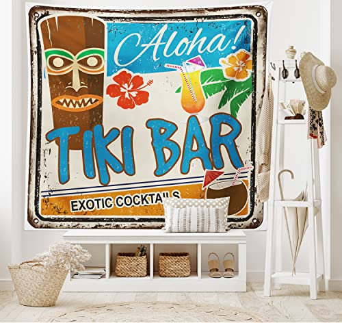 ABAKUHAUS Tiki Bar Wandteppich und Tagesdecke, Weinlese-Zeichen aus Weiches Mikrofaser Stoff Waschbar ohne Verblassen Digitaldruck, 230 x 140 cm, Braun Blau