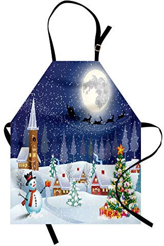 ABAKUHAUS, Weihnachten Kochschürze, Schmutz Fett abweichend waschbar Farbfester Digitaldruck, Abbildung Einer klein Stadt in Adventszeit Schneemann Tannenbaum Illustration, Blau Weiß