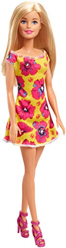 Barbie Poupée Blonde avec Robe Jaune Et Rose à Fleurs avec Talons Hauts Roses, Jouet pour Enfant, GBK93