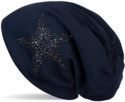 styleBREAKER Damen Beanie Mütze mit Strass Nieten Stern und Schmucksteine Silber-anthrazit, Slouch Longbeanie 04024087, Farbe:Midnight-Blue
