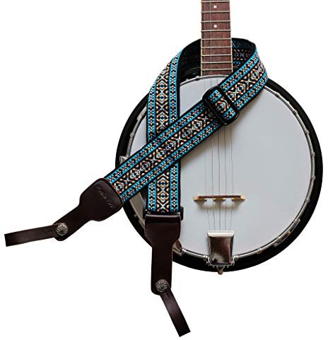 Music First Banjogurt, Original-Design, 5 cm breit, Baumwolle und Echtleder, mit 2 Lederriemen Blau Country Style