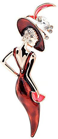 Broche acier femme élégante en tenue de soirée robe et chapeau rouge foncé.