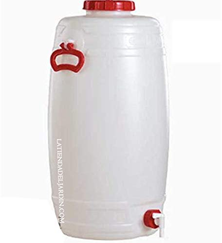 Bidon en polyéthylène alimentaire 50 litres pour liquides et boissons. Dimensions : diamètre 33 cm, hauteur 69 cm et poids 2,2 kg.