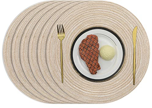 Pauwer Rund 6er Set Platzsets Beige Baumwolle Waschbar Tischsets Platzdeckchen Hitzebeständig Geflochtene Platzsets für Hochzeit, Fest, Küche