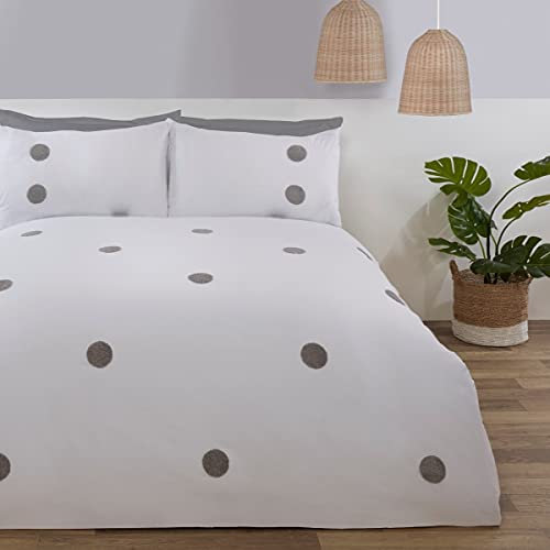 Sleepdown Bettbezug-Set mit Kissenbezügen, Bestickt, getuftet, gepunktet, Weiß/Silber, luxuriös, weich, kuschelig, pflegeleicht, für Doppelbett (200 x 200 cm)