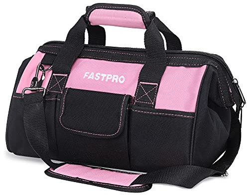 FASTPRO 14-Inch Pink Tool Bag for Women, Zip-top Wide Mouth Open Tool Organizer, with Adjustable Shoulder Strap