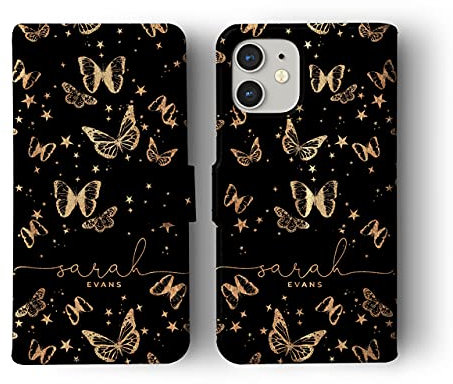Tirita Personalised Leather Flip Wallet Phone Case with Card Holder Compatible with iPhone 7/8 / SE 2020 / SE 2022 [22 - Gold Butterflies Stars Black]