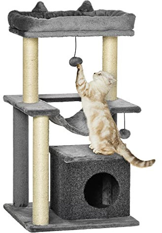 PawHut Katzenbaum 90 cm Kratzbaum mit Hängematte Spielbaum Katzenhöhle Plattformen Kletterbaum Katzenkratzbaum Aktivitätskratzbäum Plüsch Sisal Grau