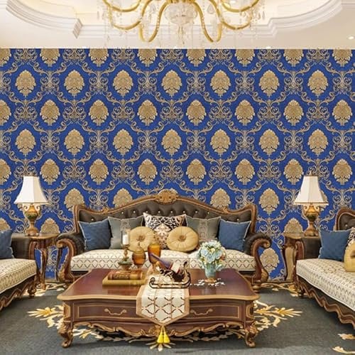9.5X0.53M 6 Colors Luxury Gold Damask Waterproof Embossed Textured PVC Wallpaper Murals Roll for Bedroom Livingroom 1.73' W x 31.2' L=5.035㎡ (54sq.ft) (Blue)