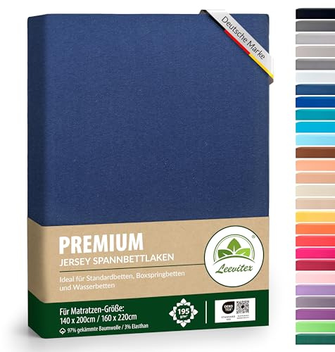 Premium Spannbettlaken, extra schwer und dick, 97% Mako-Jersey-Baumwolle und 3% Elasthan, auch Boxspringbett geeignet, 140 x 200-160 x 220 cm, Navyblau/Marine